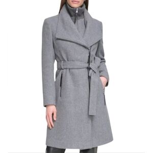 Women's Calvin Klein Layered Angled Wool Twill Wrap Coat Gray Size XXS MSRP $400
